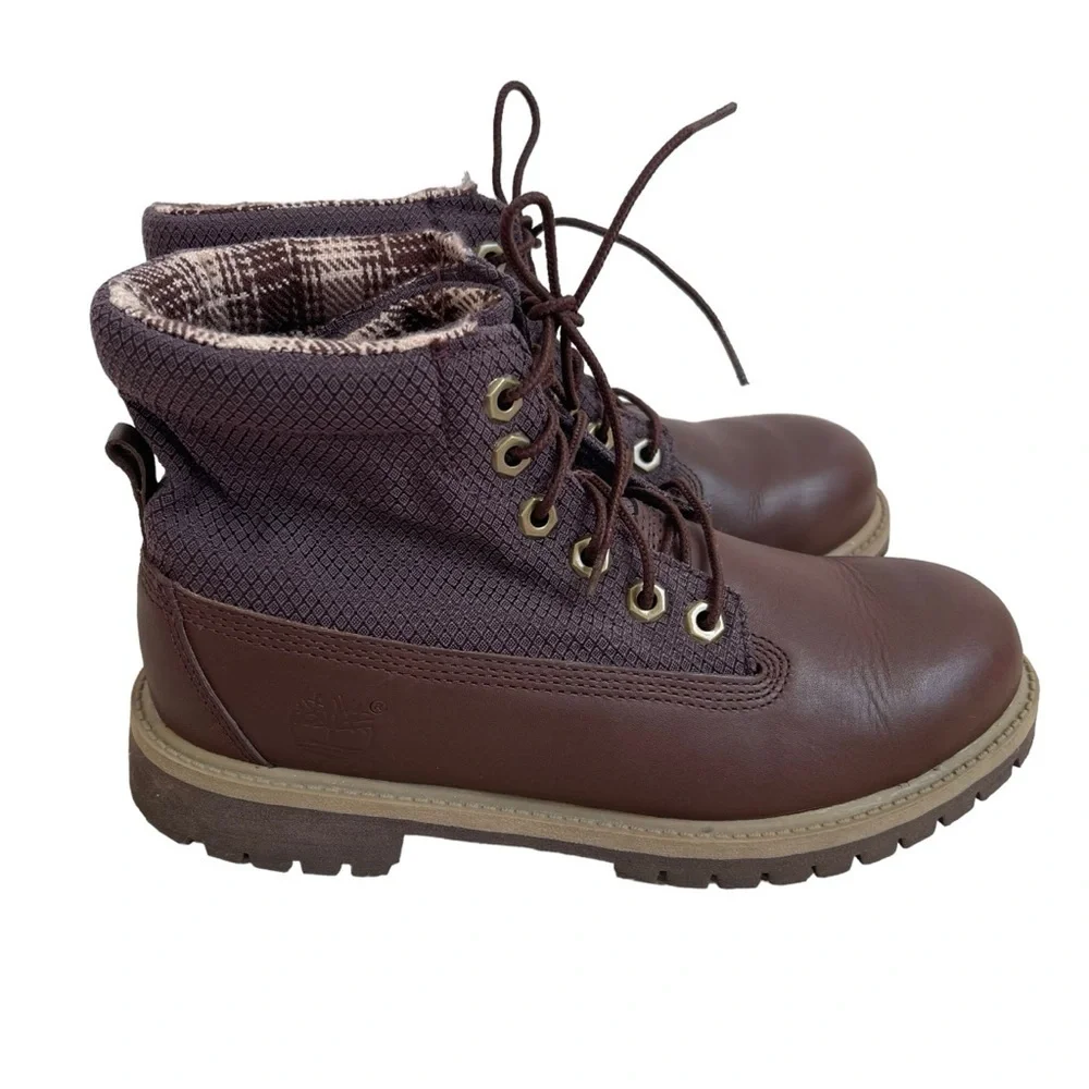 Timberland Leather Boots Junior Size 6 Women’s Size 8 High Top Plaid Roll Down
